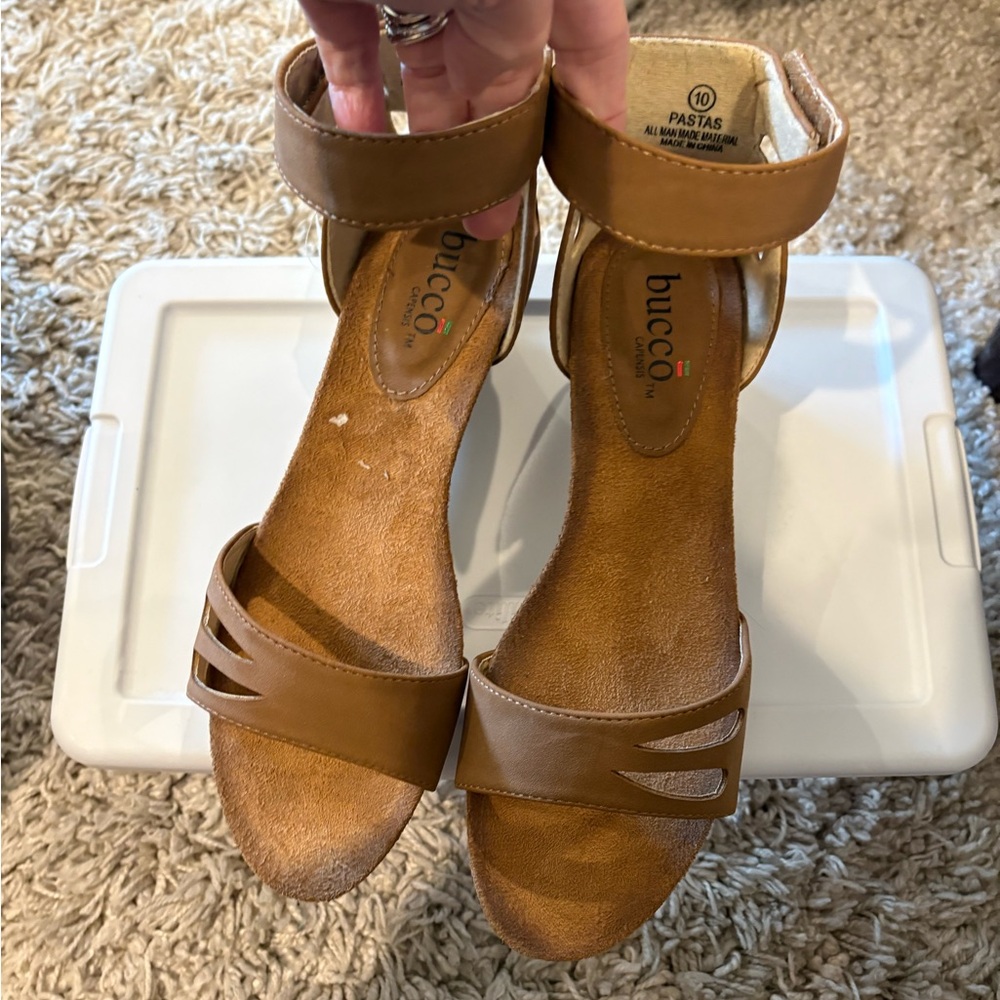 Bucco Tan Leather Ankle-Strap wedge sandals